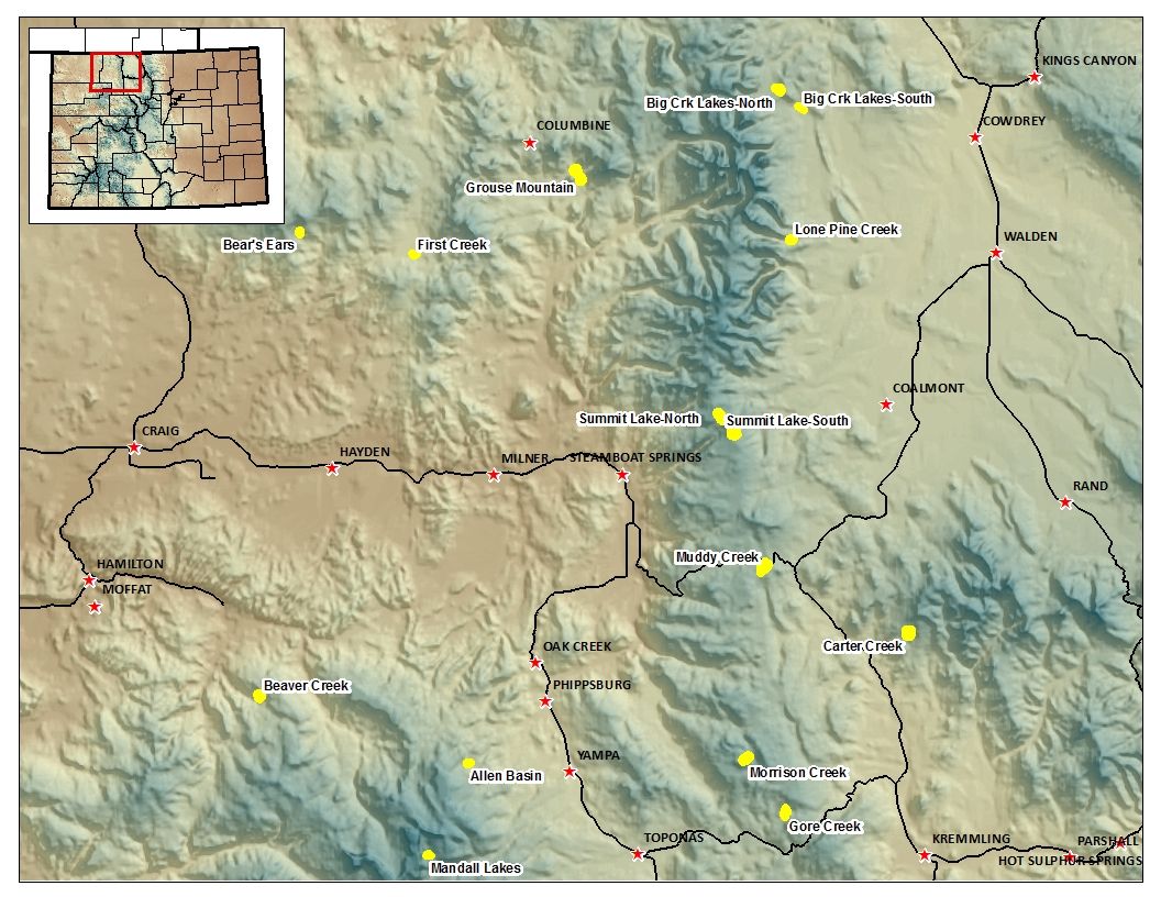 Map of the Routt National Forest Catchment Locations